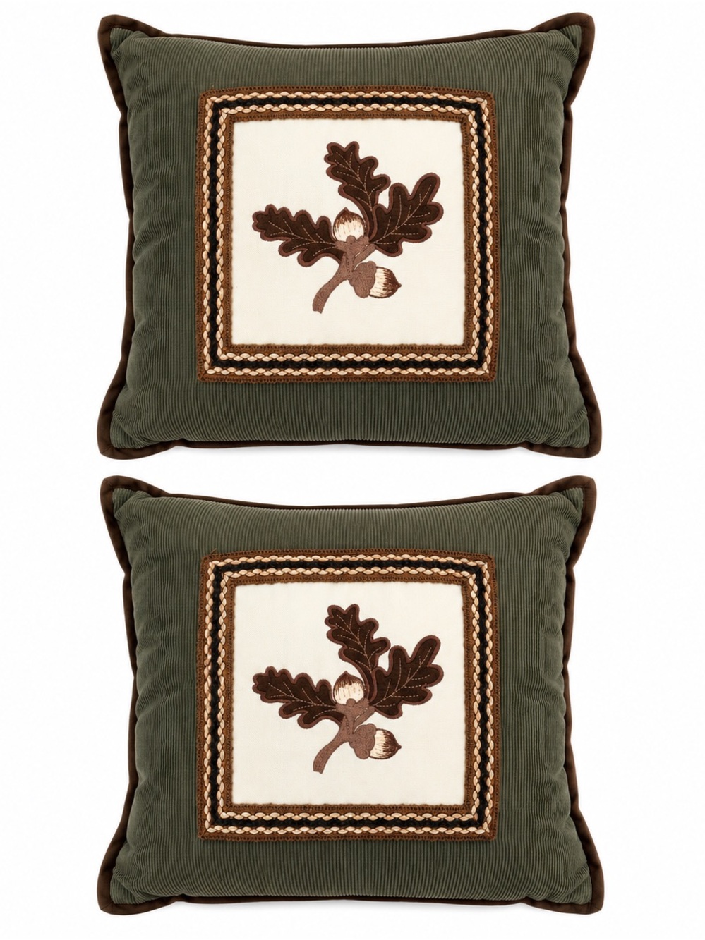 Woolrich Set of 2 Corduroy Acorn Embroidered Throw Pillows Green Brown